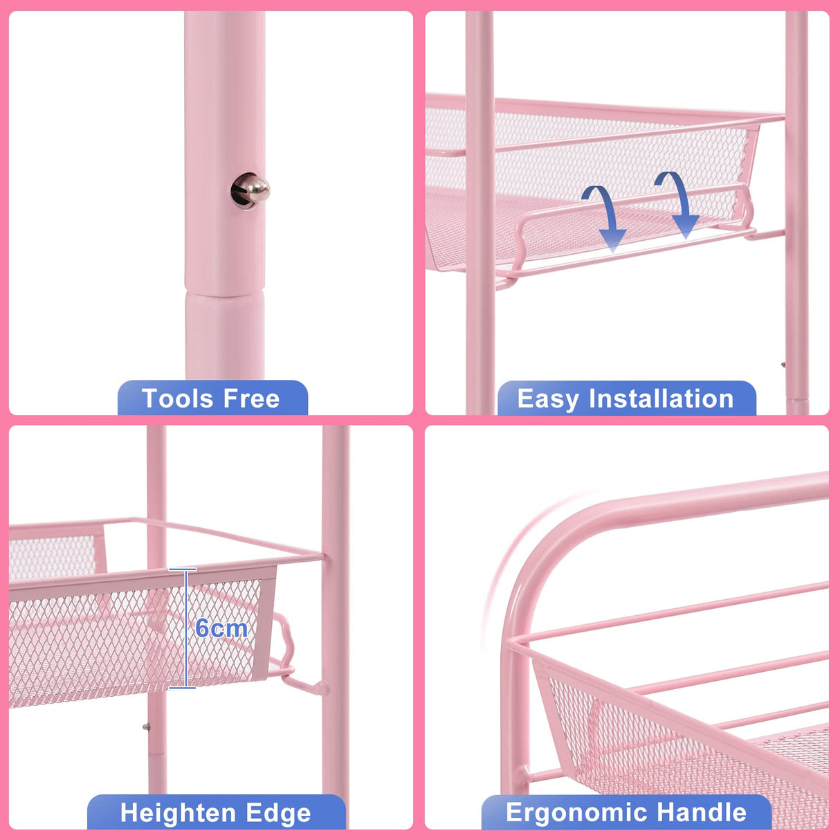 TOOLF 3-Tier Metal Rolling Cart, Mesh Wire Easy Assemble Utility Cart, Storage Trolley on Wheels with 3 Hooks, MetalStorage Shelving Units for Kitchen Bathroom Laundry Room TOOLF