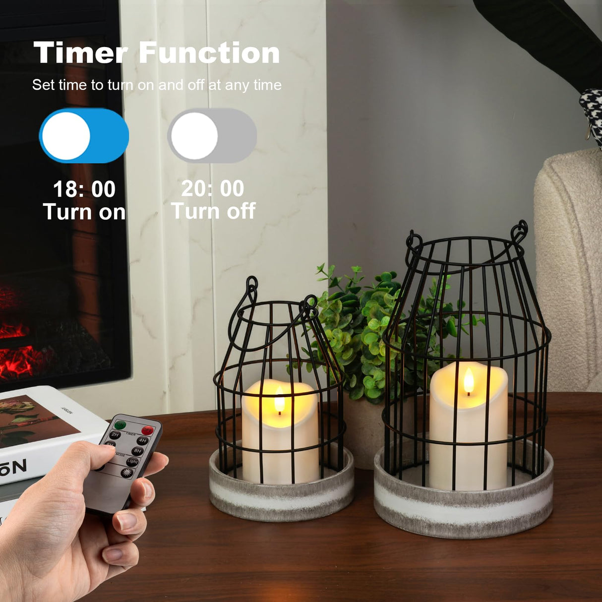 Homemory Rustic Farmhouse Lantern Decor with Flameless Candle & Remote Timer, 2PCS Metal Candle Holder Home Decorations for Fireplace Mantle Kitchen Dining Table Living Room Homemory