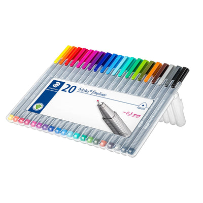 STAEDTLER Triplus Fineliner Pens Set (20 Pack) - 20 Vibrant Colors, 0.3mm Metal-Clad Tip, Ergonomic Triangular Barrel, Standing Easel Case