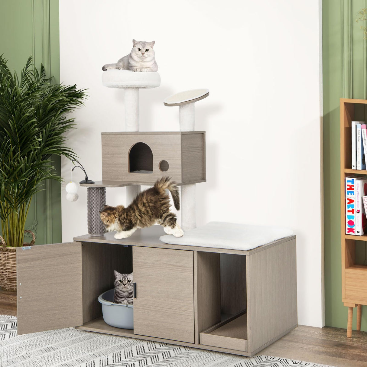 Tangkula Cat Tree with Litter Box Enclosure, Cat Tower with Litter Box, Cat Condo, Scratching Board, Soft Plush Perch, Dangling Balls, Groomer, Modern Hidden Litter Box Furniture for Indoor Cats Tangkula