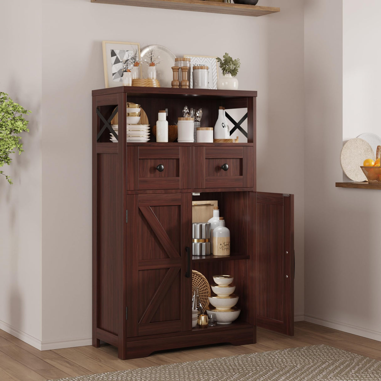 Dark Brown Storage Cabinet with Drawers and Shelves, Standing Kitchen Pantry Cabinet, Floor Storage Cabinet Hutch Cupboard, Coffee Bar Cabinet Station for Dining Living Room Home Office Befrases