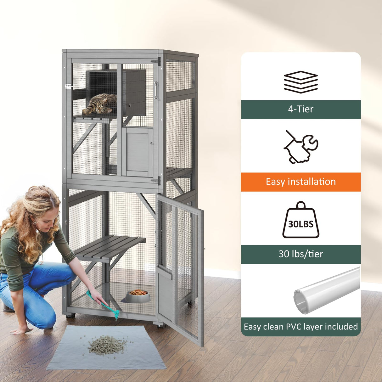 TIMHAKA Cat Catio Outdoor Cat Enclosure, 4 Tiers Cat Playen Catio with Wheels, Resting Box, Sunshine Panel Waterproof Roof, Large Cat House Cage with Removable Wood Bottom and Easy Clean PVC Layer TIMHAKA