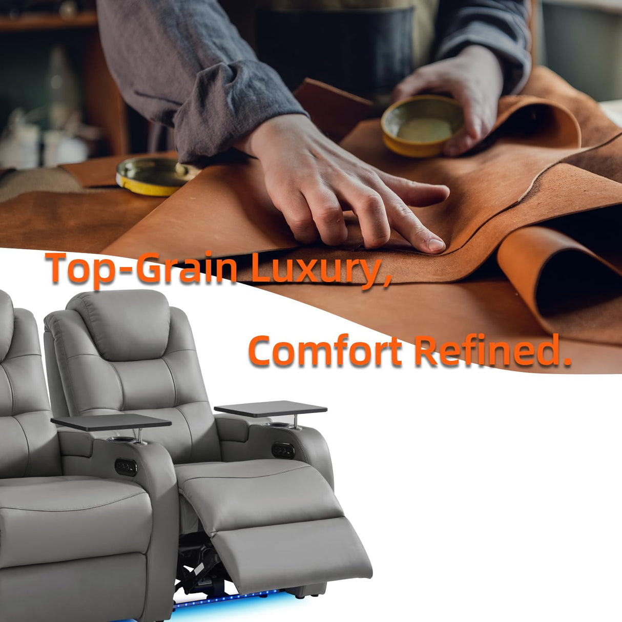 comfiroom Top Grain Leather Home Theater Seating Seats, Simple Style Dual Power Gaming Sofa Movie Theater Chairs Recliner Sofa with Type-C USB Charger (Grey, Row of 1) comfiroom