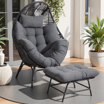 IRONCK Wicker Outdoor Egg Chair with Ottoman, Patio Lounge Chair with Footrest, Thickened Padded Cushion and Headrest, Egg Seat for Patio, Living Room, Garden, Balcony, Dark Gray
