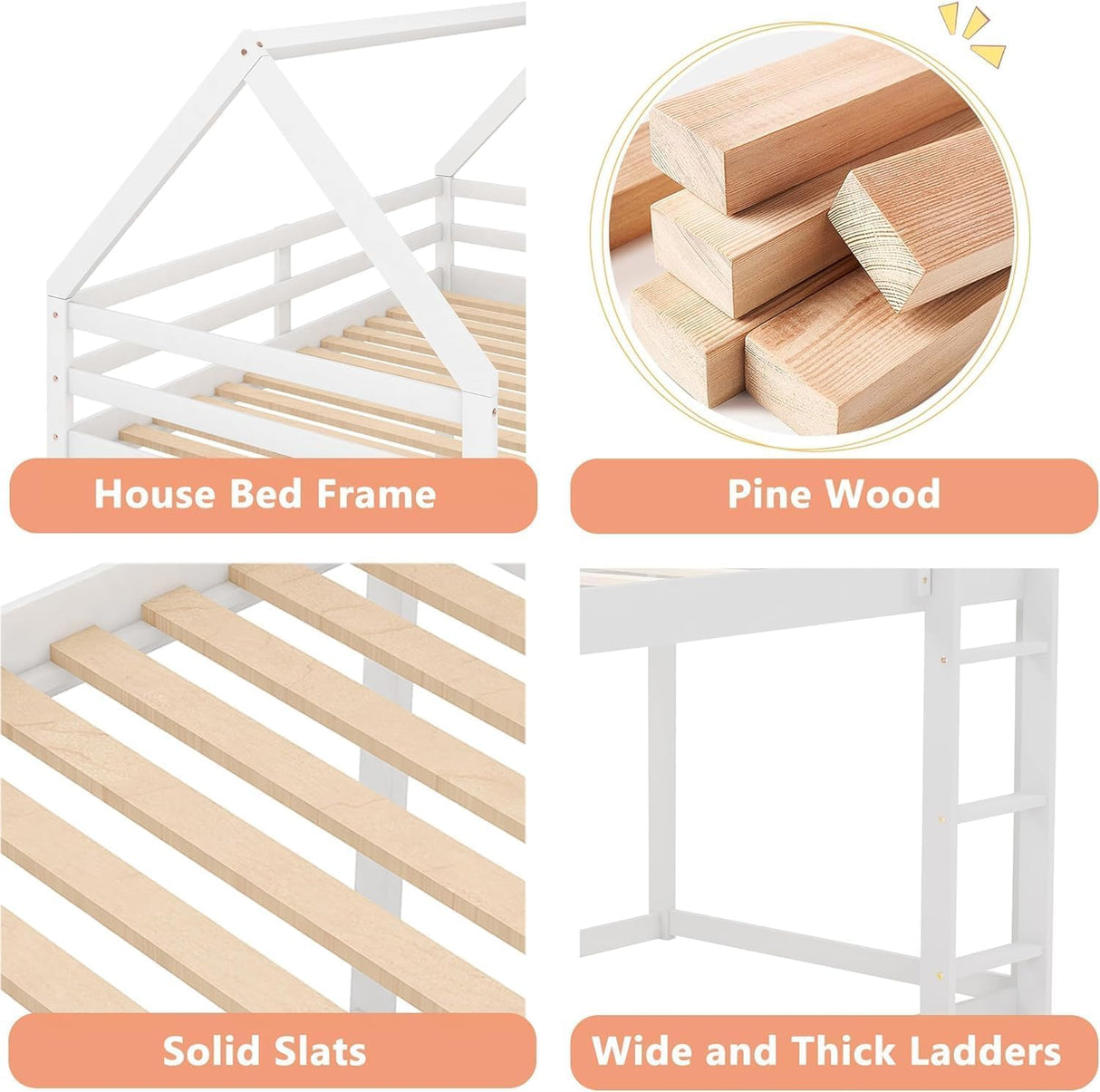 Bellemave Low Twin Over Twin House Bunk Bed for Kids - Solid White Wood with Ladder and Guardrails Bellemave