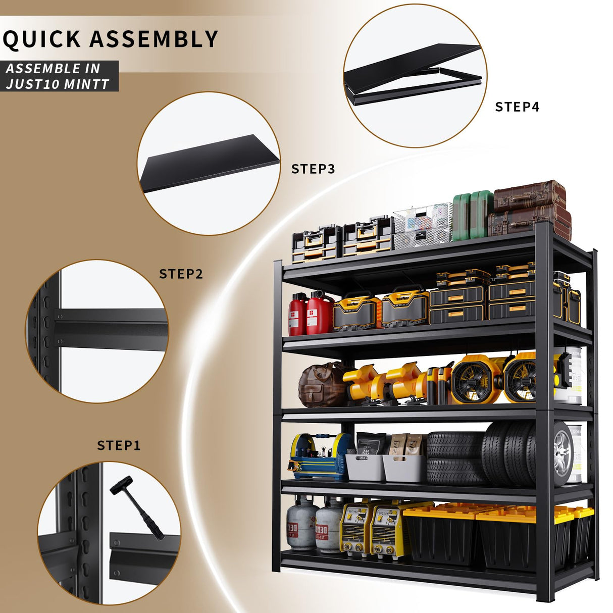 AOJUFEO 72" H Garage Shelving Heavy Duty 5-Tier Storage Shelves, 2500 lbs Adjustable Metal Shelving Unit, Utility Storage Rack Shelf for Garage, Basement, Pantry, Black (72 "H x 36" W x 16" D) AOJUFEO