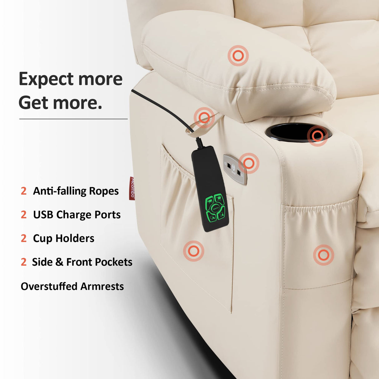 MCombo Dual Motor Power Lift Recliner Chair for Elderly, Infinite Position Lay Flat Lift Chair with Heat and Massage for Seniors, Cup Holders, Faux Leather 7890 (Cream White, Medium-Regular) MCombo