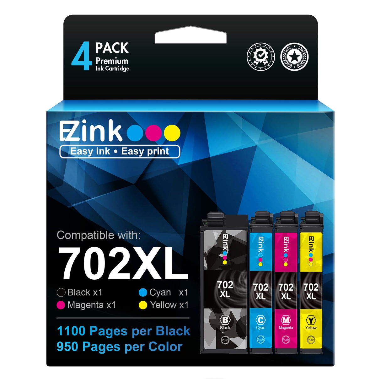 E-Z Ink Remanufactured Ink Cartridge Replacement for Epson 702XL Combo Pack T702XL 702 T702 to use with Workforce Pro WF-3720 WF-3730 WF-3733 Printer (1 Black, 1 Cyan, 1 Magenta, 1 Yellow, 4 Pack) E-Z Ink