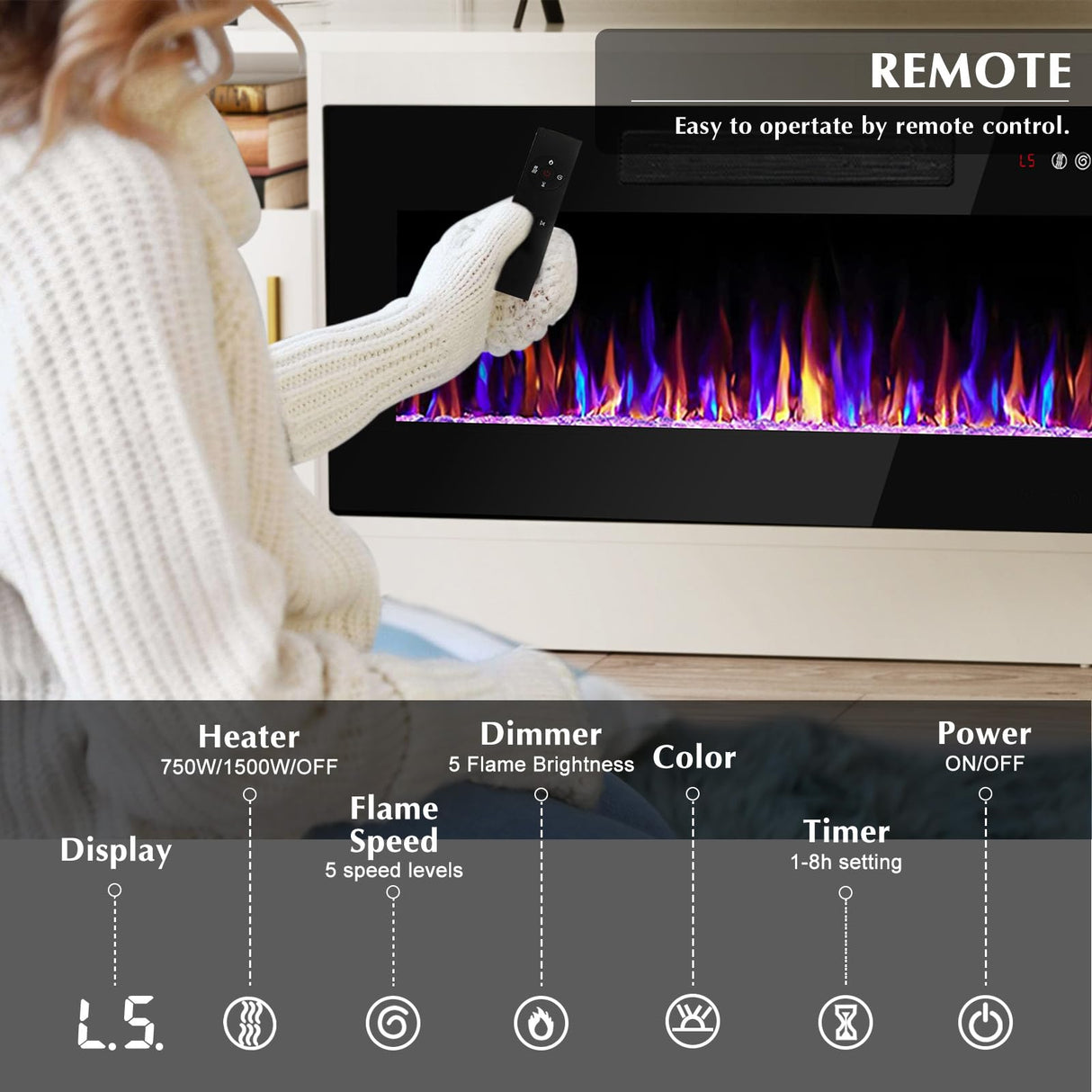 Lemberi Fireplace tv Stand with 36 inch Fireplace Up to 80" TVs,LED Light Entertainment Center and Storage, 70" Modern Wood Media TV Console with Highlight Cabinet for Living Room (White) LEMBERI