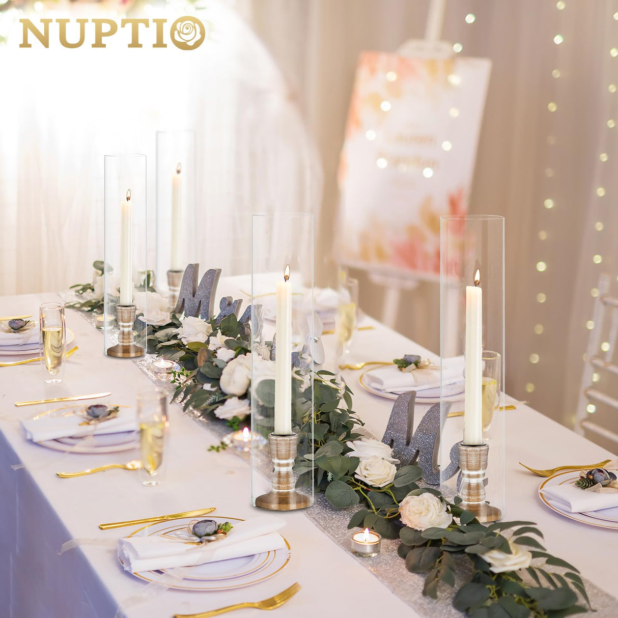 NUPTIO Wooden Candle Stick Holders: 2 Pcs Hurricane Taper Candle Holder 14 inch Rustic Wood Candlesticks Holder with Open Ended Cylinder Shape Cover for Outdoor & Indoor Wedding Party Centerpiece NUPTIO
