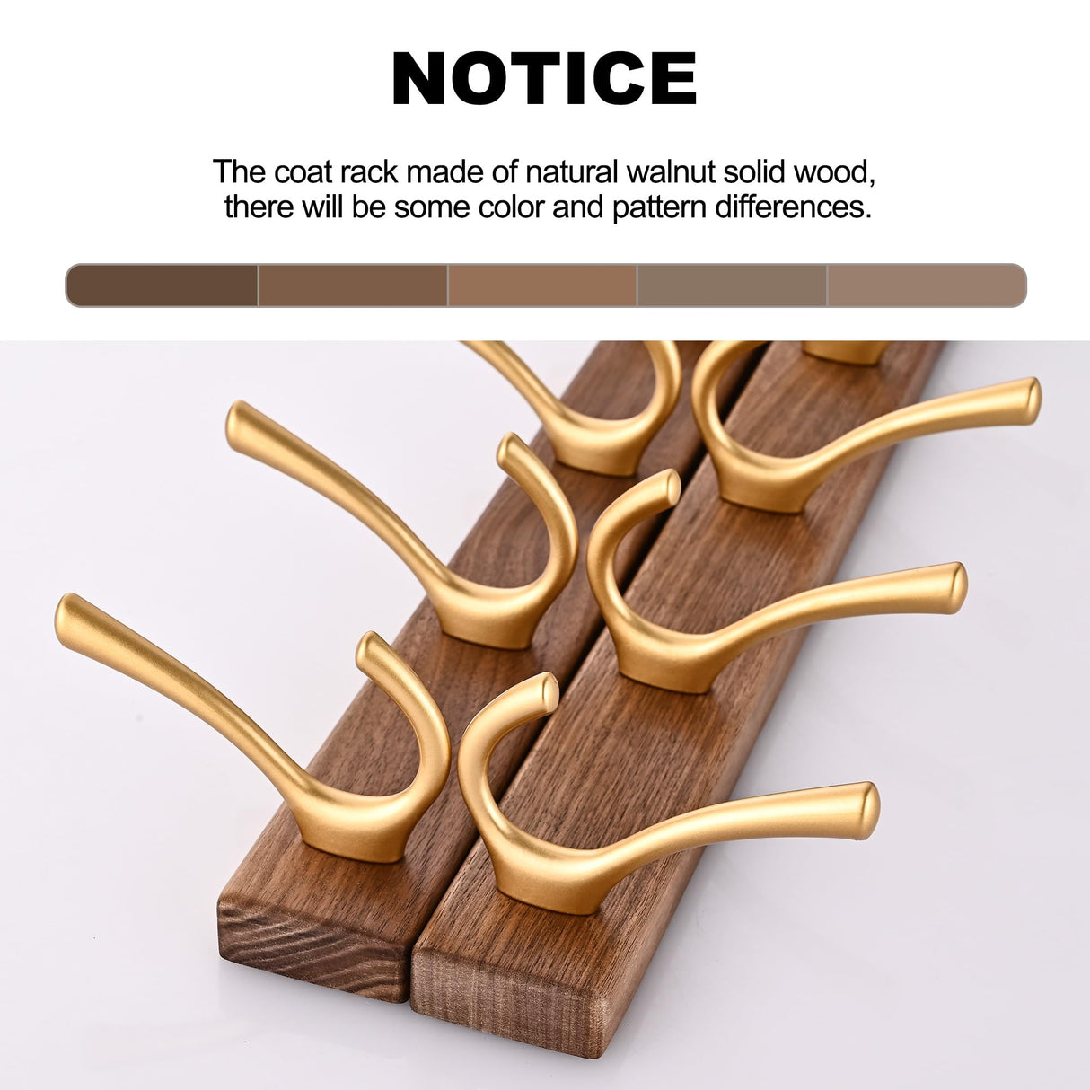 LECHYN 17.3" Small Walnut Wood Coat Rack Wall Mount with 5 Hooks, Heavy Duty Wooden Jacket Hanger Door Mounted for Decorative Entryway Bathroom Hanging Towel Backpack Purse Clothes Hat Key Gold LECHYN