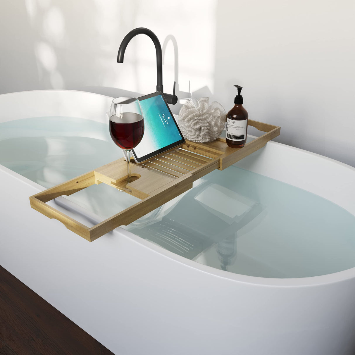 Acacia Bathtub Tray - Natural Wood Tray with Extended Sides, Wine Glass Holder, Book, Phone, or Tablet Rest - for Bath Accessories by Home-Complete Home-Complete