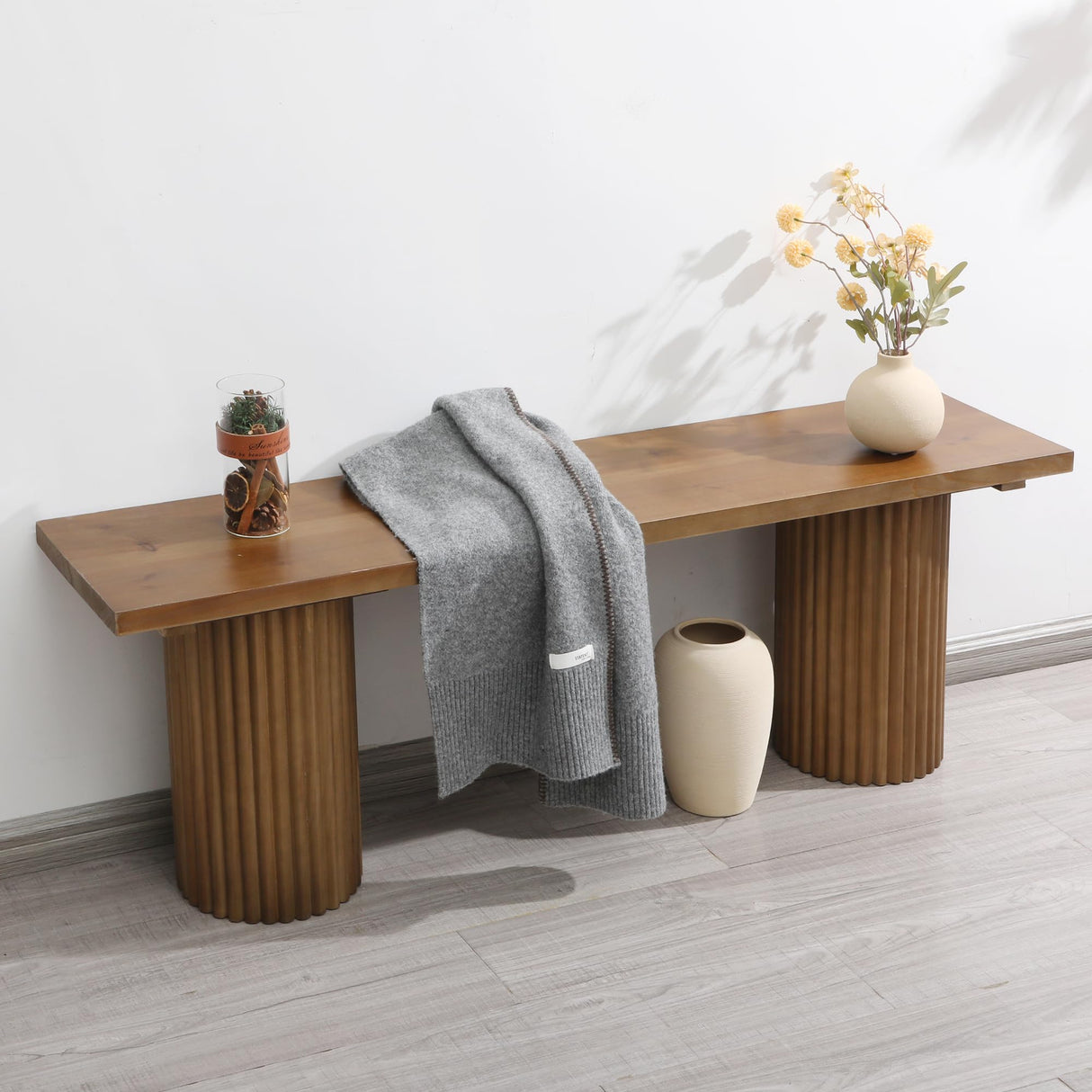 WINWY Fluted Wood Bench, 51" Farmhouse Solid Wood Bench Seat for Entryway, Dining Room, Indoors and Outdoors, Rounded Leg, Easy Assembly, Natural WINWY