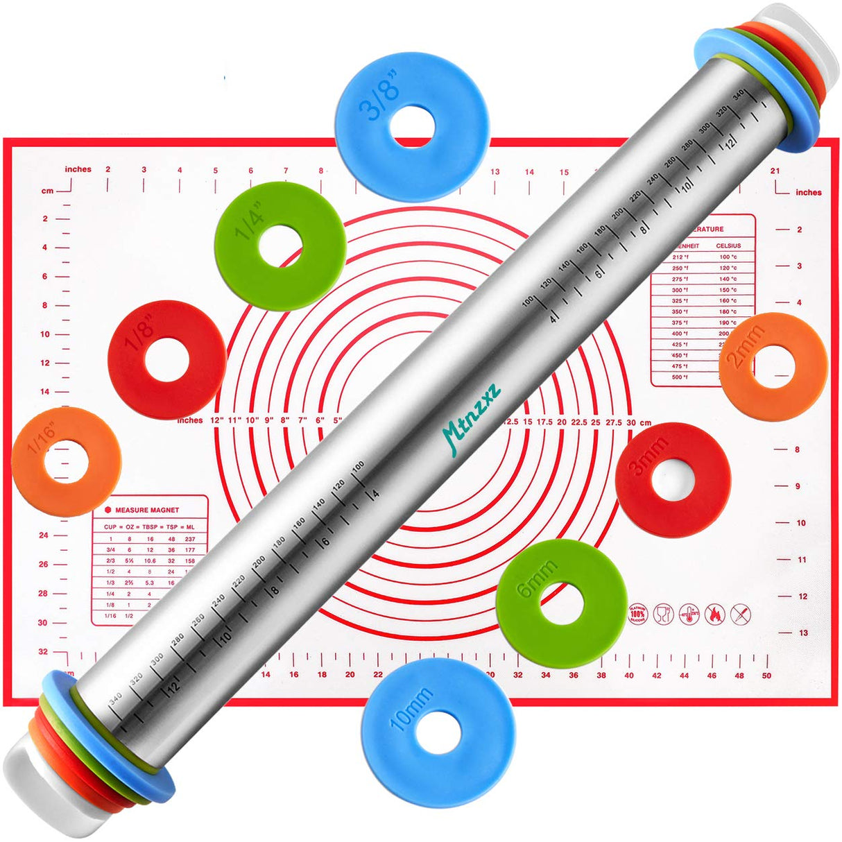 Rolling Pin and Silicone Baking Pastry Mat Set, Stainless Steel Dough Roller with Adjustable Thickness Rings, for Pizza, Pie, Pastries, Pasta, Cookies MTNZXZ
