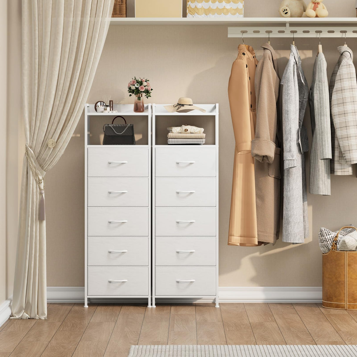 Somdot White Tall Night Stand for Bedroom,Tall 5 Drawers Dresser, Vertical Storage Tower Unit, Nightstand Furniture with Fabric Drawer Organizer in Bedside Kids Dorm Room Closet Laundry Entryway Somdot