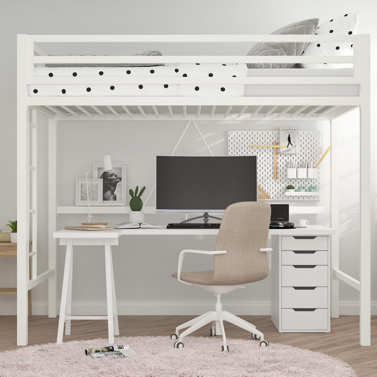 MUTICOR Twin Loft Bed Frame for Juniors and Adults with Safety Guardrail and Ladder,Metal Slats Support, Small Space Saving Furniture for Bedroom Kids Room and Dorm,White MUTICOR