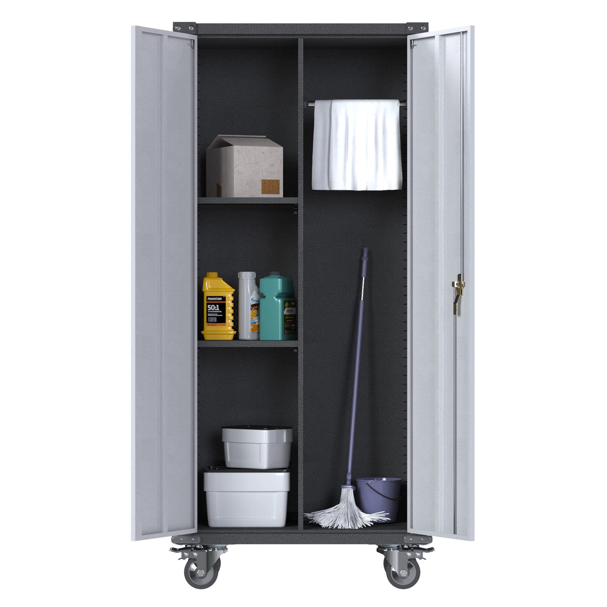 JAORD Metal Garage Storage Cabinet with Hanging Rod, Broom Closet Storage Cabinet, 71" Tall Rolling Tool Storage Cabinet with Locking Doors and Shelves JAORD