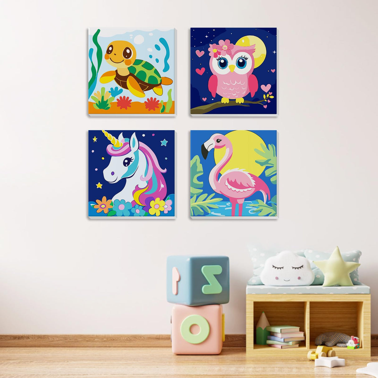 MXJSUA Framed 4 Pack Cute Animals Paint by Numbers Kit, DIY Paint by Number Kits for Kids Ages 6-12, Paint by Numbers Kits for Children Beginner, Acrylic Oil Painting for Home Wall Decor (8x8inch) MXJSUA