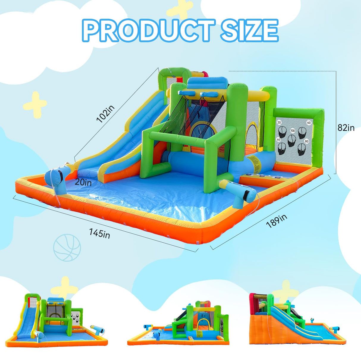FBSPORT Inflatable Bounce House Water Slide, Bounce House for Kids Indoor Outdoor Bouncy House with 550W Blower, Water Bounce House with Slide Ball Shooting, Water Gun, Splash Pool, Bounce Area, Hose FBSPORT