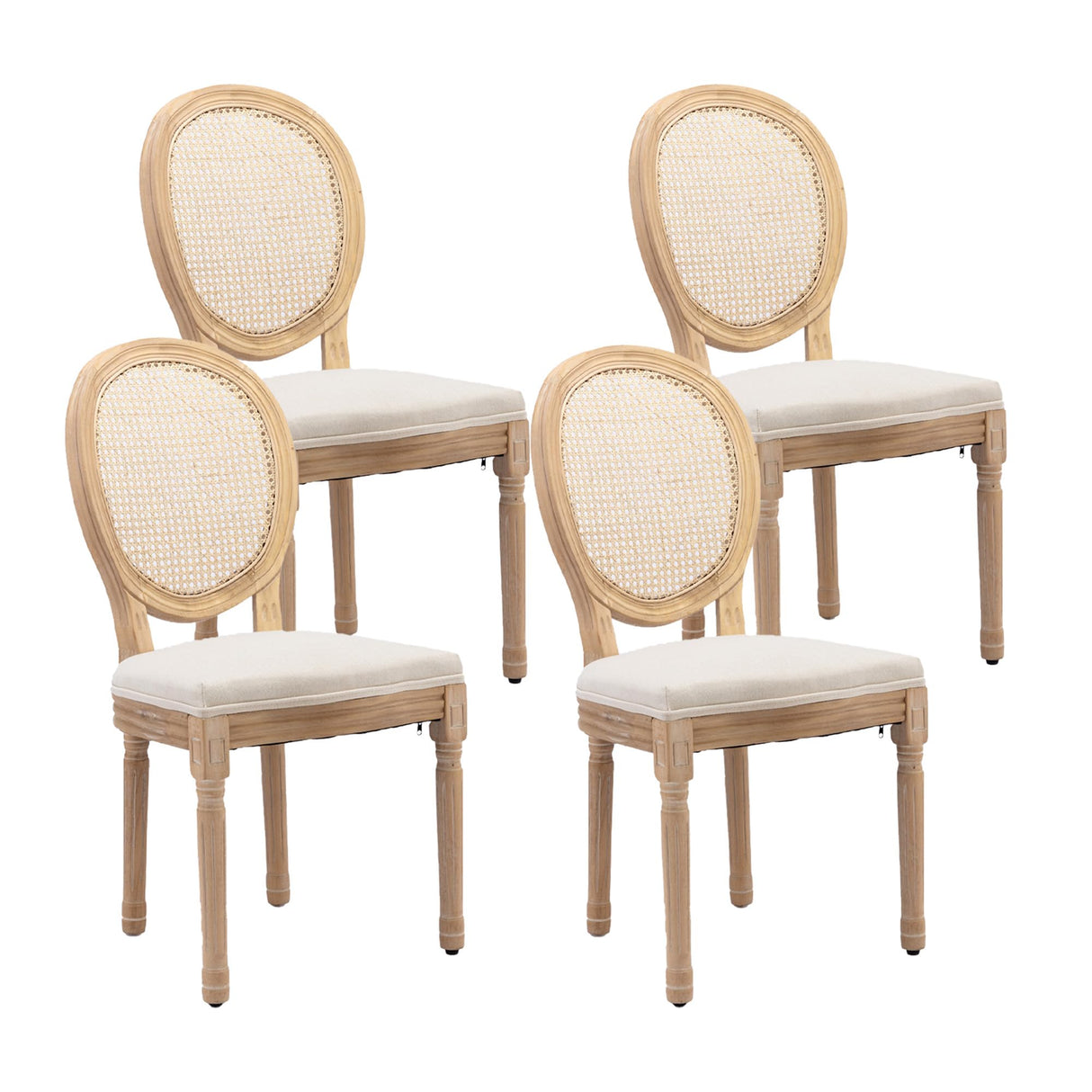 HMFULE French Country Dining Chairs Set of 4, Rattan Dining Chair with Linen Fabric and Carved Solid Wood Frame Farmhouse Dining Room Chairs for Living Room, Kitchen, Restaurant Rattan Beige HMFULE