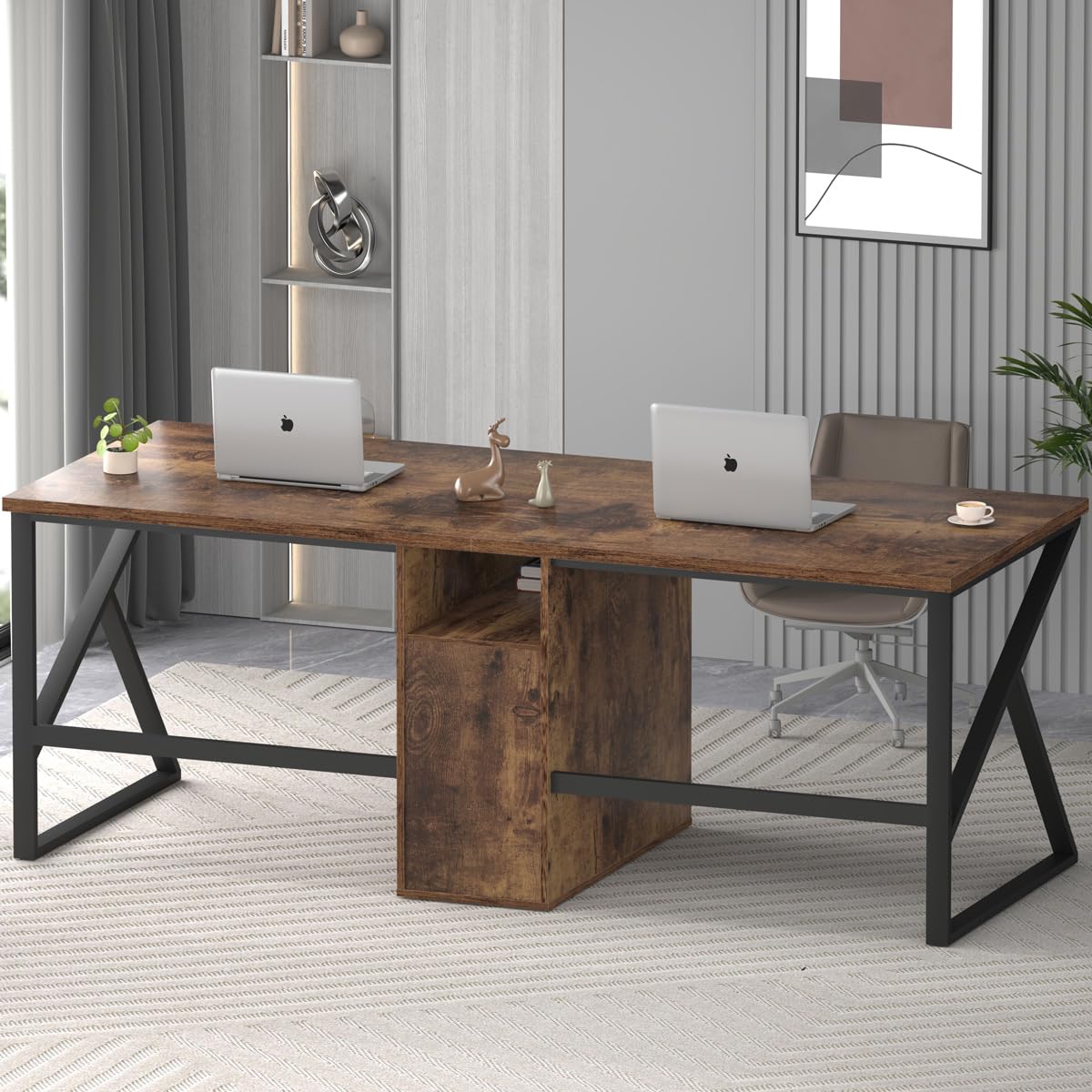 IBF 79" Two Person Office Desk,Large Double Long Pc Desk with File Drawer, 2 Person Computer Desk with Storage Cabinet Shelf, Industrial Wood Modern Work Dual Computer Table for Home, Rustic Brown IBF