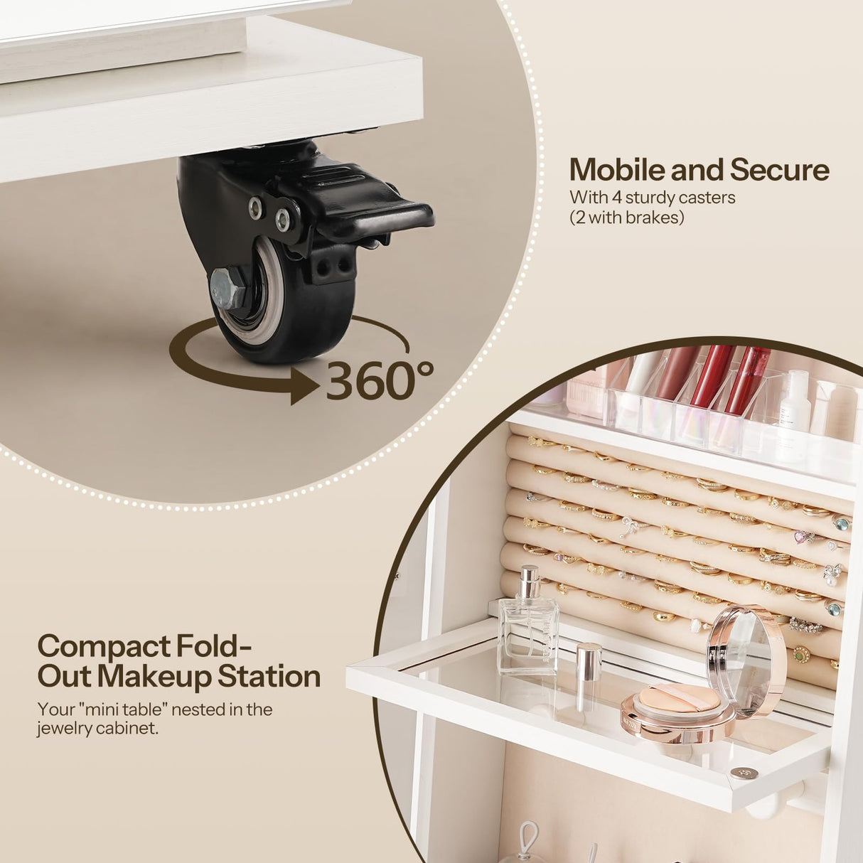 HOOBRO LED Lockable Jewelry Cabinet, Jewelry Organizer on Wheels, Standing Jewelry Armoire, Frameless Full-Length Mirror 4 Storage Shelves Foldable Makeup Tray Jewelry Cabinet Armoire, White WT06JC04 HOOBRO