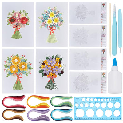 WEBEEDY 4 Styles DIY Flower Paper Quilling Kit for Adults Beginner Quilling Paper Painting Kit with Paper Quilling Strips Tools and Instruction Handmade Room Wall Decor(A4,21x29.7 cm/8.3x11.7 inch)