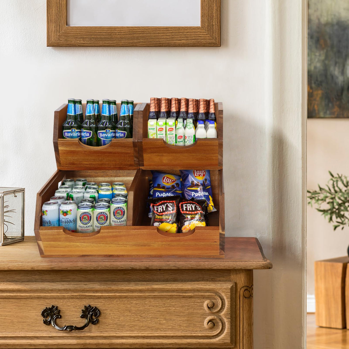 3 in 1 Acacia Wood Pantry Storage Bins for Kitchen(No installation Required)-Potato and Onion Storage Bins,2-tier Vegetable and Fruit Organizer with Anti-slip Mat,Stacking Bins for Kitchen & Pantry EULXSUD