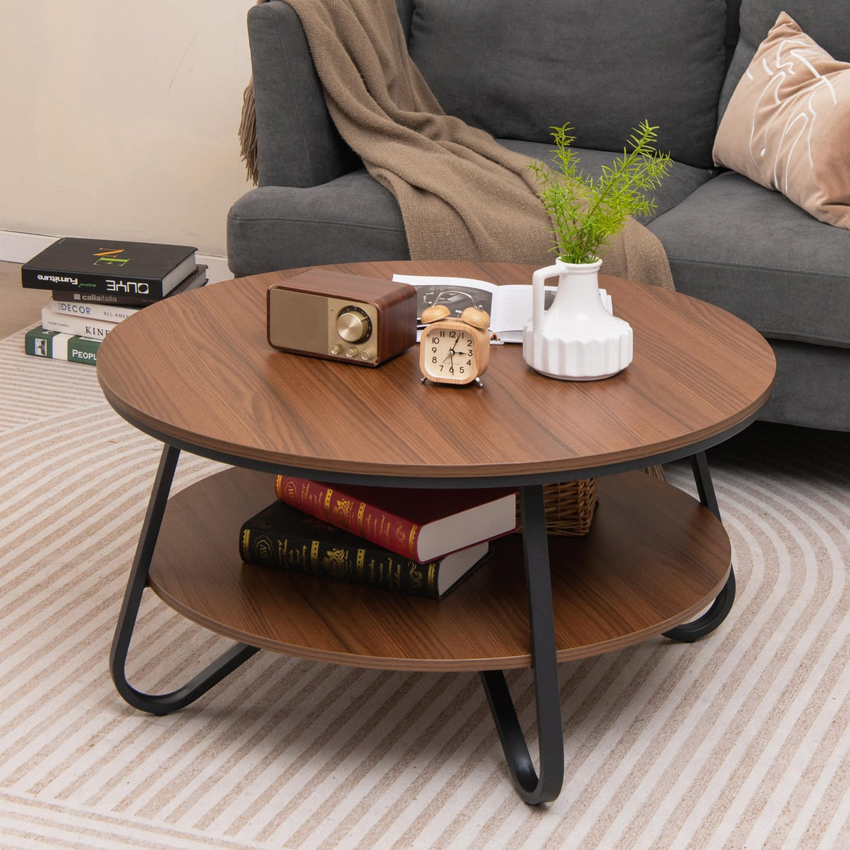 Giantex 2-Tier Round Coffee Table, 33.5" Wood Coffee Table with Open Storage Shelf & Heavy-Duty Steel Frame, Rustic Circle Coffee Table, Mid-Century Center Table for Living Room, Office, Walnut Giantex