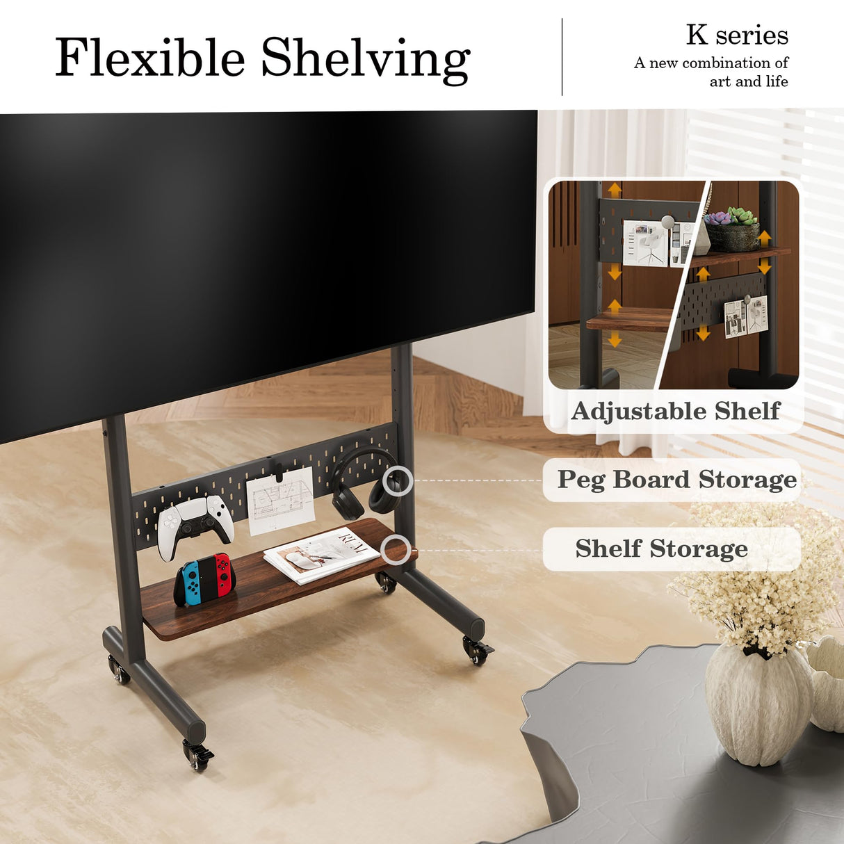 FITUEYES Rolling TV Stand for 40-85inch TV, Portable TV Stand with Wheels Holds up to 132 LBs, Height Adjustable Mobile TV Cart with Multifunctional Storage for Office, Living Room, Bedroom FITUEYES