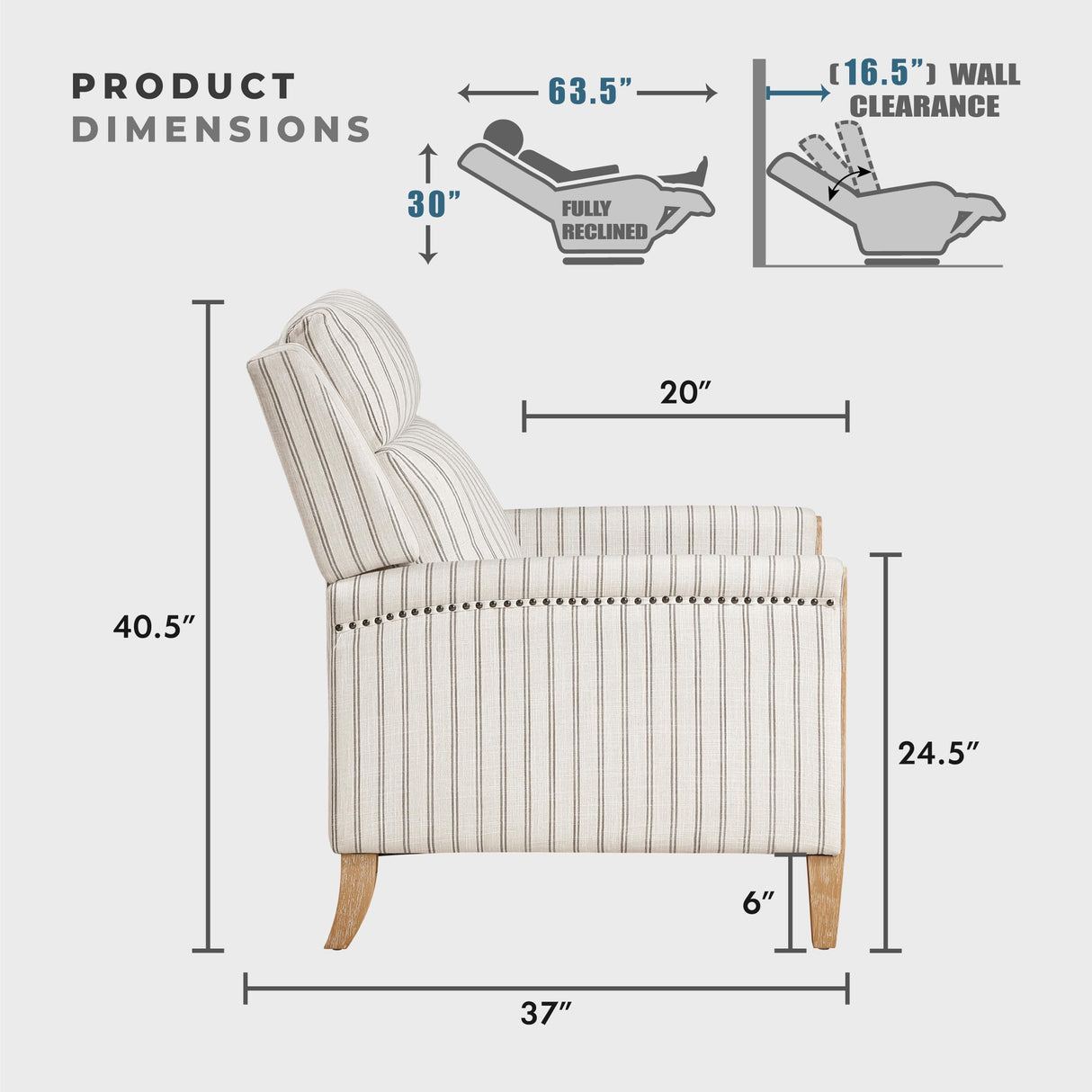 Lexicon Pushback Recliner Chair, Striped Textured Fabric Accent Armchair, Push Back Recliner, Nailhead Trim, Solid Wood Legs, Easy Assembly for Living Room/Office/Apartment, White/Grey Lexicon