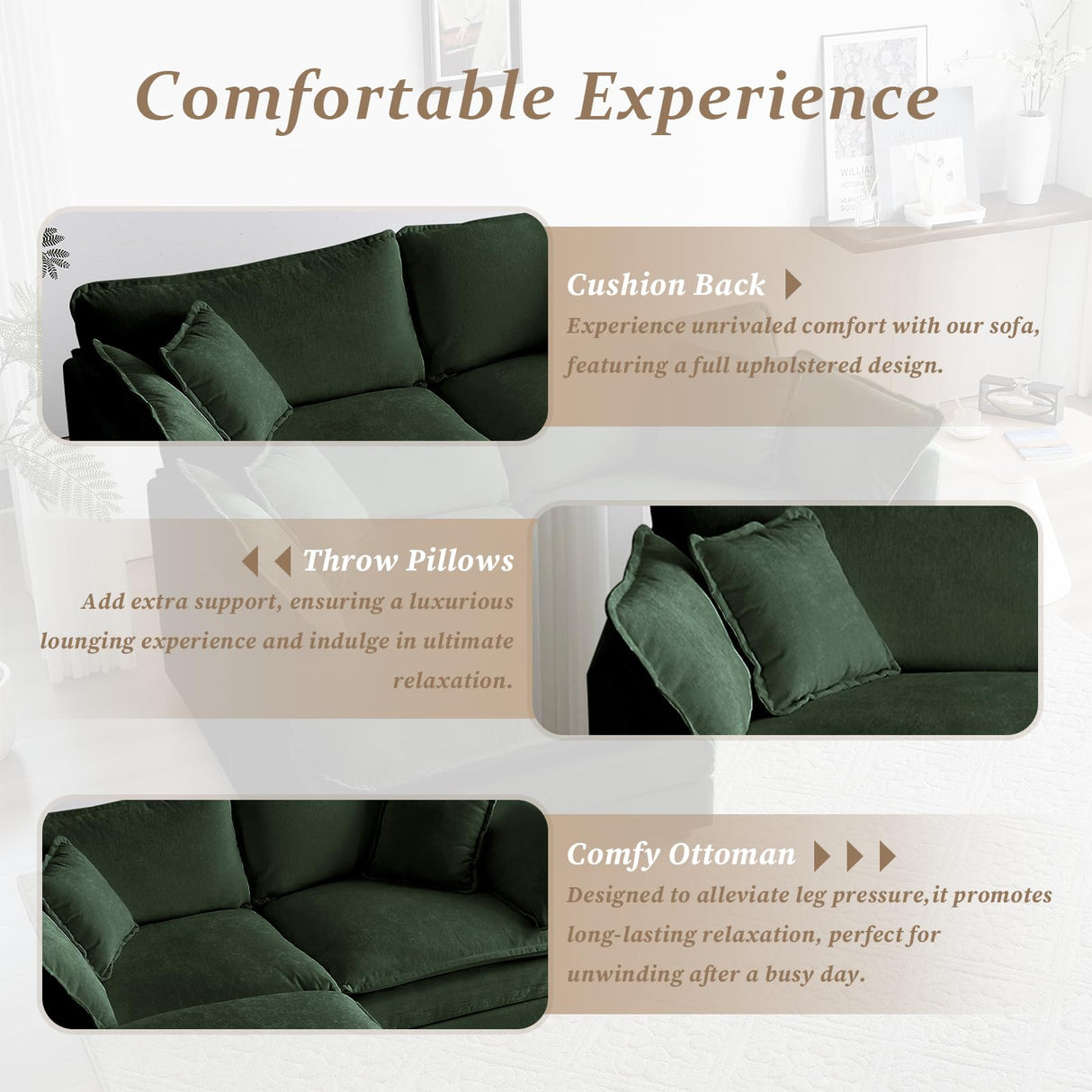 SoarFlash Chenille Sectional Sofa, Comfy L Shaped Modular Coush Sofa with Ottoman, Modern 2 Seat Couch Deep Seat Sofa Set for Living Room,Green SoarFlash