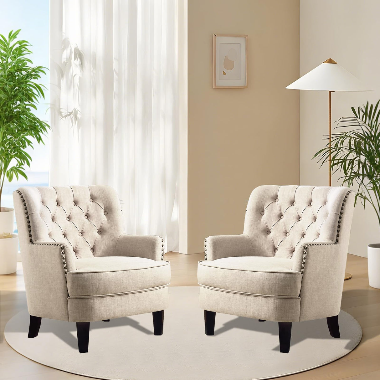 Hevaotry Velvet Upholstered Wingback Chair, 34.5”H Comfy Tufted Button Accent Chair, American Retro Barrel Chair, Contemporary Nailhead Armchair for Living Room, Bedroom, Reception Room, Beige Hevaotry