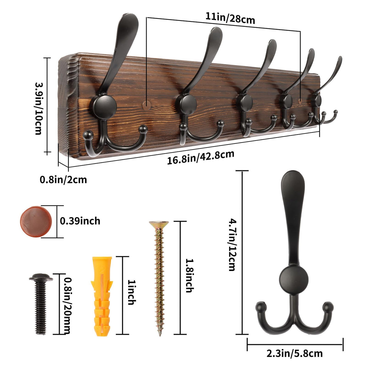 Homagic Coat Rack Wall Mount 16.8'' Rustic Hat Rack with 5 Triple Hooks Coat Hooks Wall Mount Farmhouse Wall Hooks for Hanging Coat, Bags, Towels Homagic