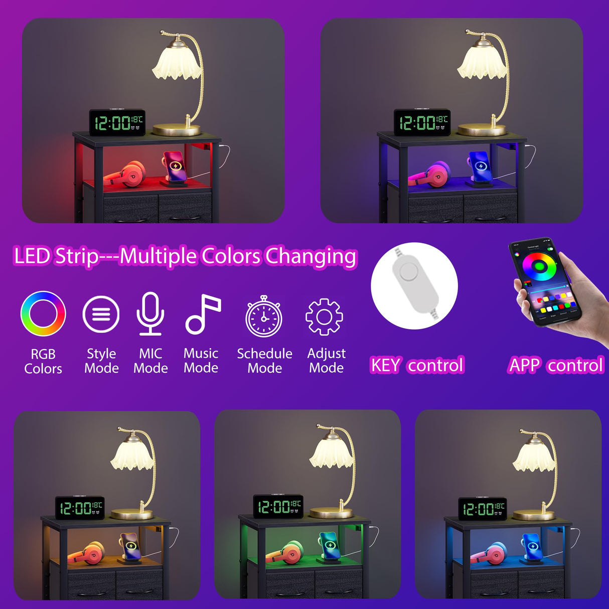 Furnulem Tall Night Stand with Charging Station and Led Light, Small Dresser with Open Shelf and 4 Storage Drawers, Black Side Table Fabric Nightstand for Bedroom, Entryway, Bedside Furniture Furnulem