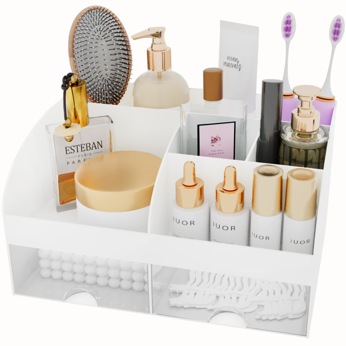 Makeup Organizer with Drawers, Cosmetic Storage for Dresser Vanity and Bathroom Countertop, Beauty Holder for Lipstick Brush, Skincare Organizer for Vanity, Cosmetic Display Case (White) COMFYROOM
