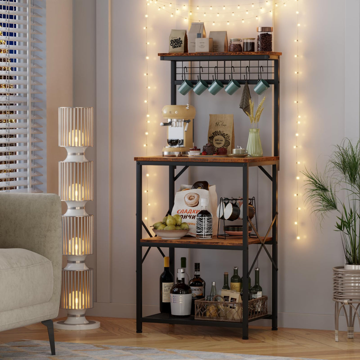 Furologee Rustic Brown Kitchen Bakers Rack with Hutch & 4-Tier Storage Furologee