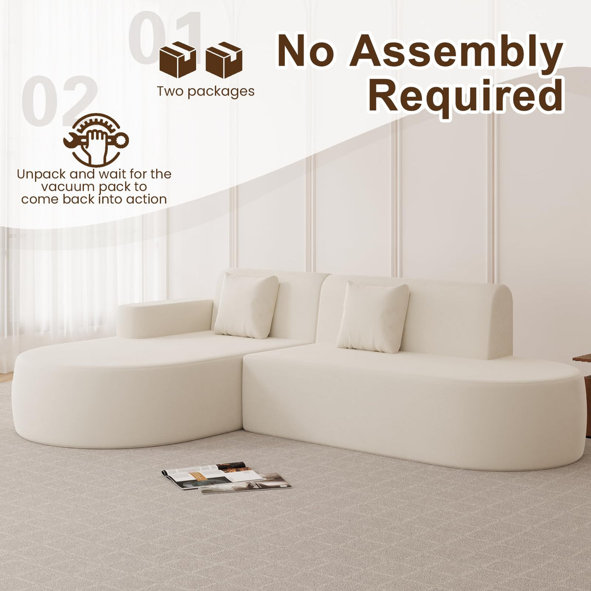 MELLCOM Modern Curved Boneless Sofa Couch, L-Shaped Corner Sofa, No Assembly Needed, Chenille Upholstered Cloud Sectional Couch for Living Room, Bedroom and Apartment (Beige, Left Hand Facing) MELLCOM