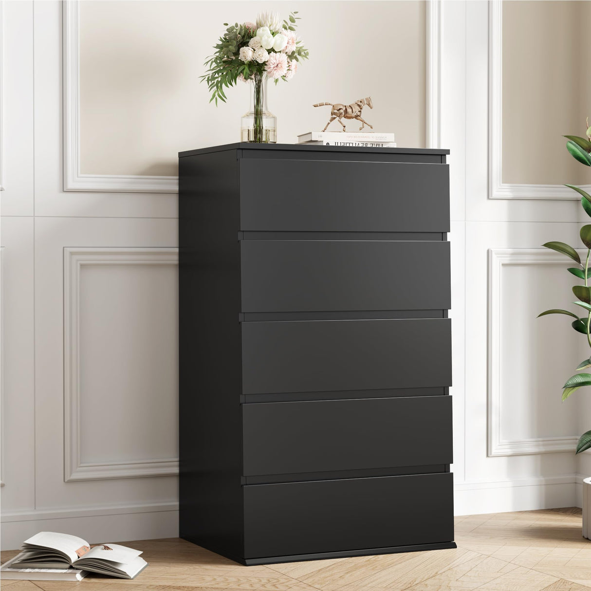 FOTOSOK Black Dresser, 5 Drawer Dresser Tall Black Dresser with Large Storage Space, Modern Storage Chest of Drawers, 23.6L x 17.6W x 39.1H Inch Storage Organizer Cabinet for Home, Black FOTOSOK