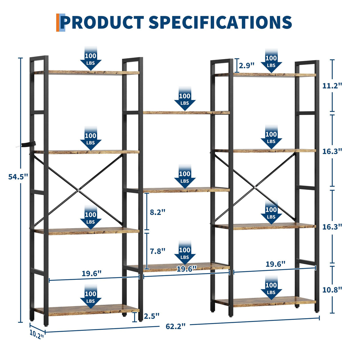 GarveeLife Industrial Large Bookcase, 4 Tier Book Shelf with Open Display Shelves, Large Wide Bookshelf, Tall Bookshelfwith Metal Frame for Living Room, Office, Rustic Brown GarveeLife