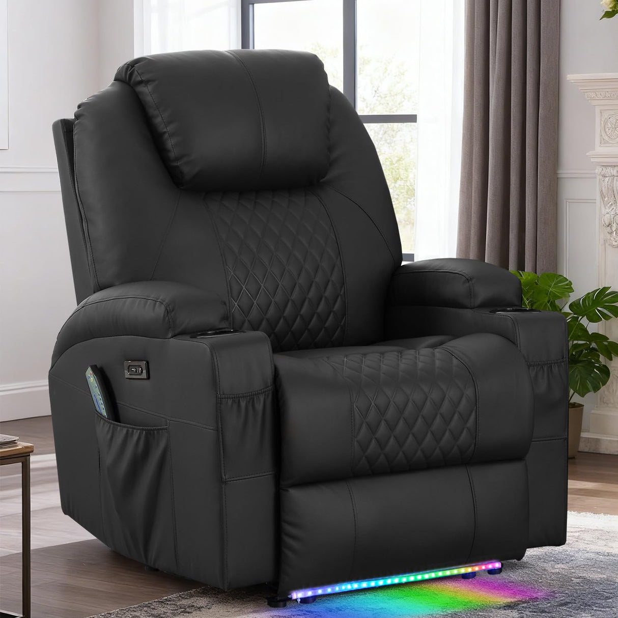WISHDEER Power Recliner Chair with Heat and Massage for Adults - Home Theater Seating with LED Lights,Cup Holders,Side Pocket,USB Port - Recliner Sofa for Living Room(Black, Single Recliner) WISHDEER