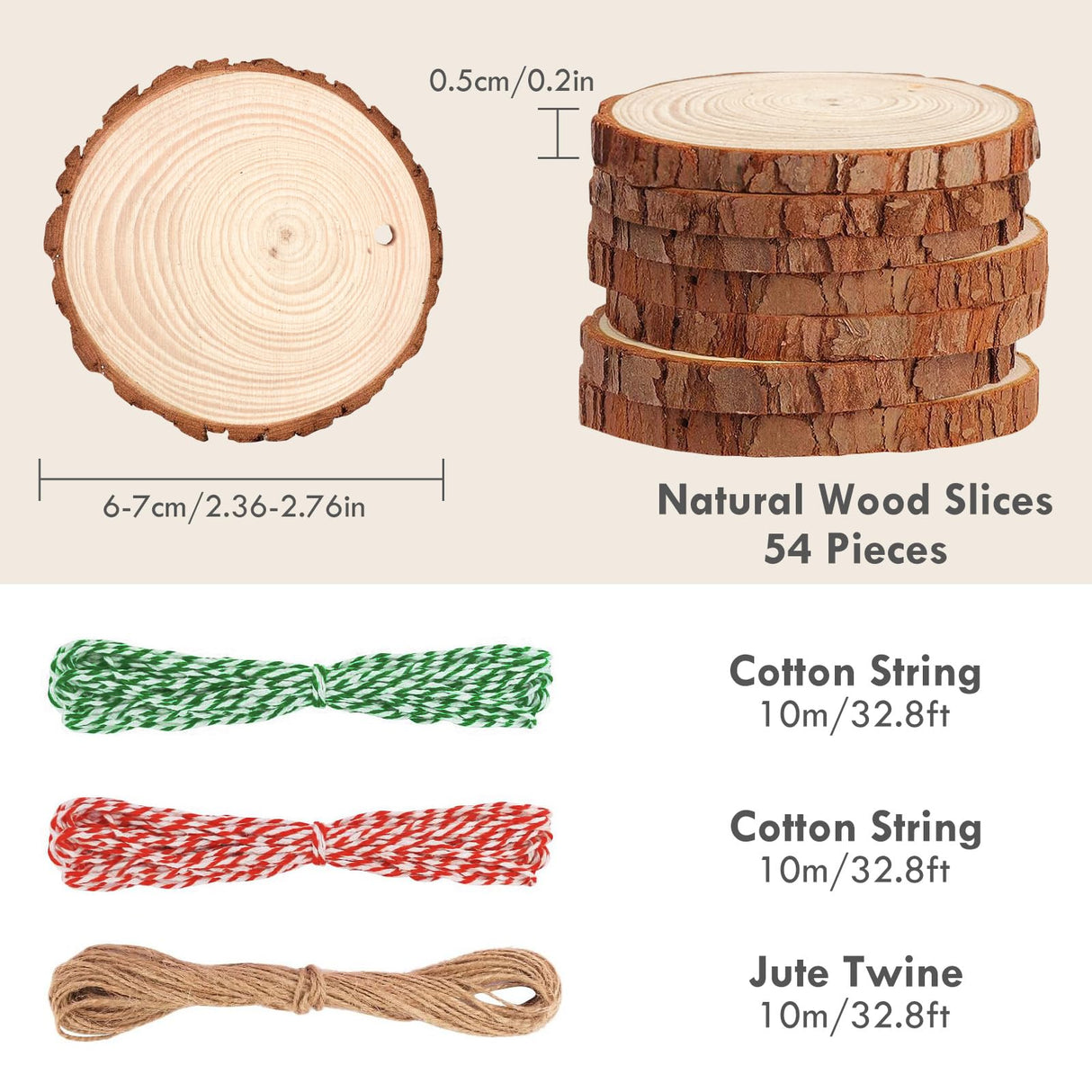 54Pcs Wood Slices, LOOFORE 2.4"-2.8" Unfinished Natural Wood Rounds with Pre-drilled Hole, Wood Slices for Wood Burning Painting DIY Crafts Christmas Ornaments Party Wedding Decor LOOFORE