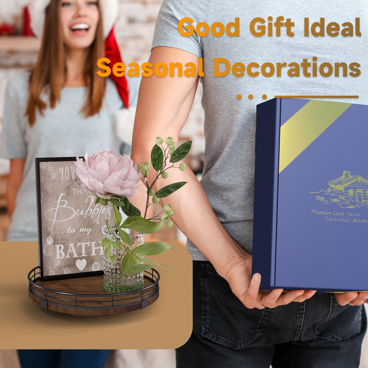 Farmhouse Oak 9" Lazy Susan Turntable Organizer for Cabinet, Round Wooden Lazy Susan Organization and Storage for Dining Table, Pantry, Kitchen, Countertop, Cupboard,Home Decor, Walnut Wood AMH