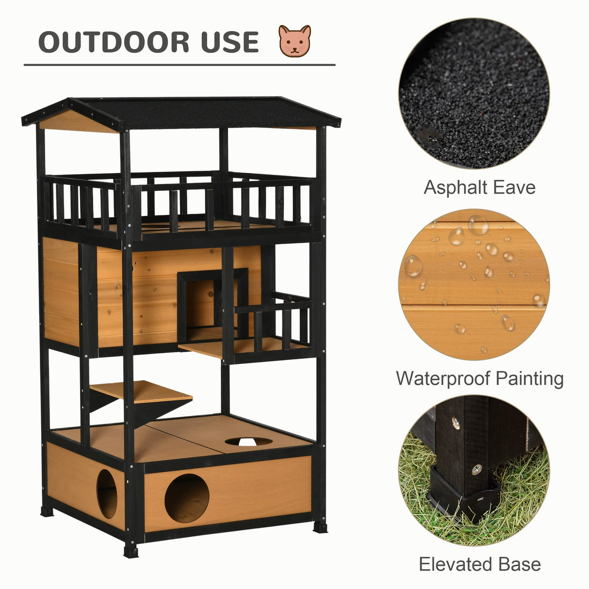 PawHut Wooden Outdoor Cat House, Feral Cat Shelter Kitten Condo with Asphalt Roof, Escape Doors, Condo, Jumping Platform, Yellow PawHut
