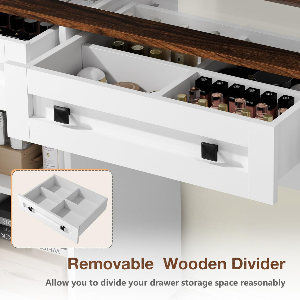 CUOZOVA Farmhouse Vanity Desk with Mirror and Lights, Glass Tabletop Vanity with Charging Station,Vanity Table with 3 Drawers & 3 Cabinets, White Rustic Makeup Vanity for Bedroom CUOZOVA