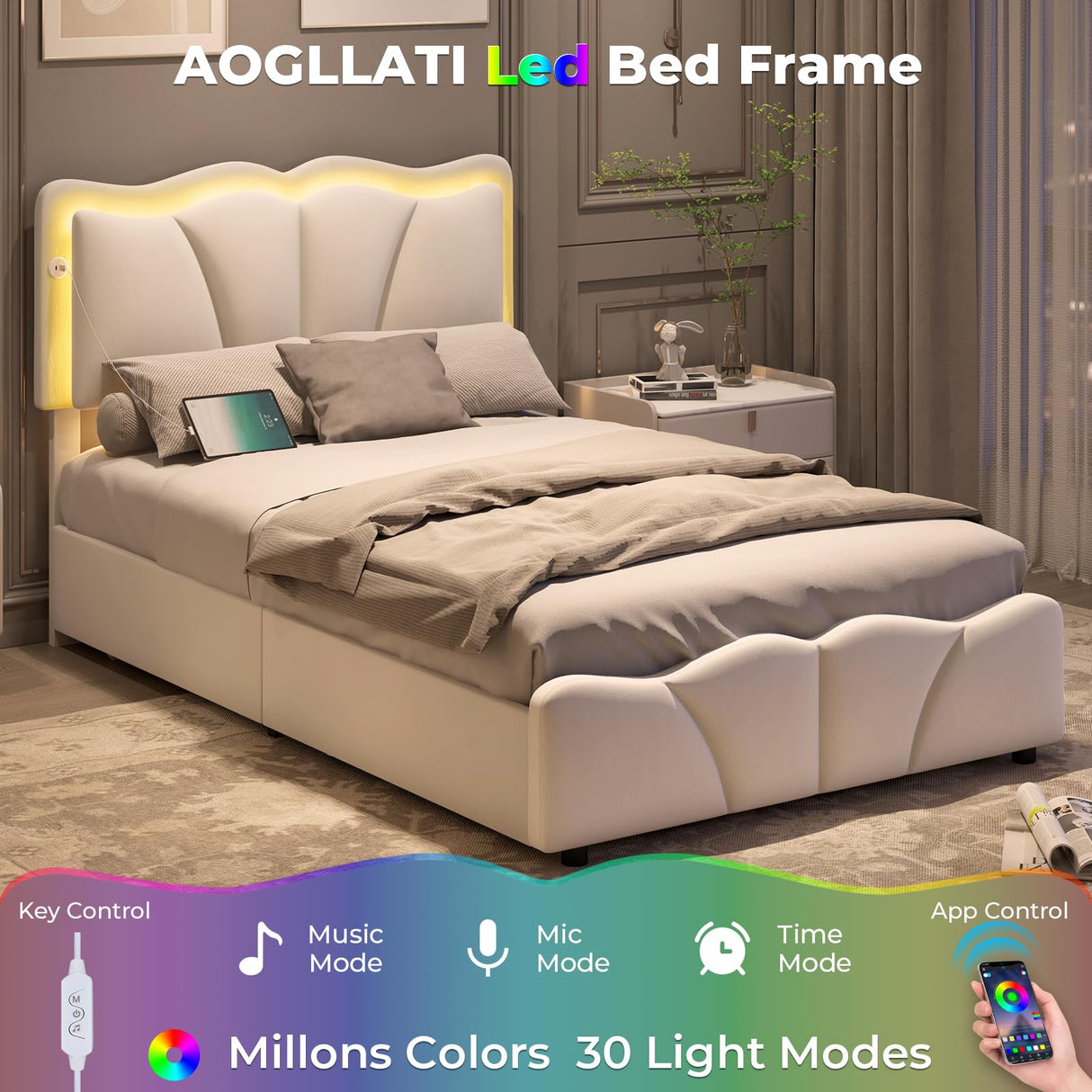 AOGLLATI Twin Bed Frame with 4 Storage Drawers & Charging Station,Upholstered Led Flower Twin Bed with Adjustable Headboard and Strong Wood Slat Support,No Spring Box Needed, Beige AOGLLATI