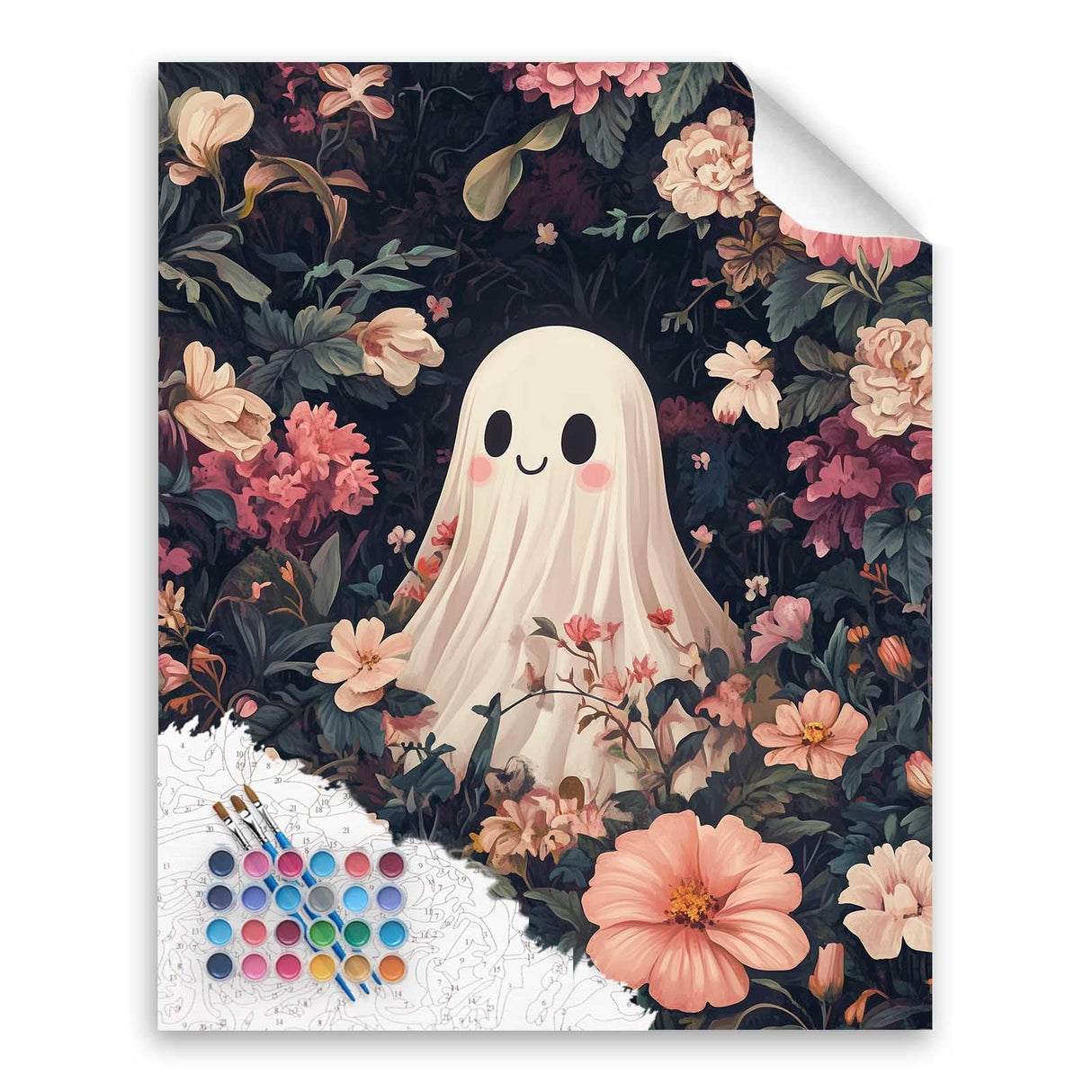 Cawpom Ghost Paint by Number, Halloween Ghosts Paint by Numbers Kit for Adults, Ghost Surrounded by Pink Flowers Poster, Acrylic Painting for Holiday Gift Home Decor(16x20inch, No Frame) Cawpom