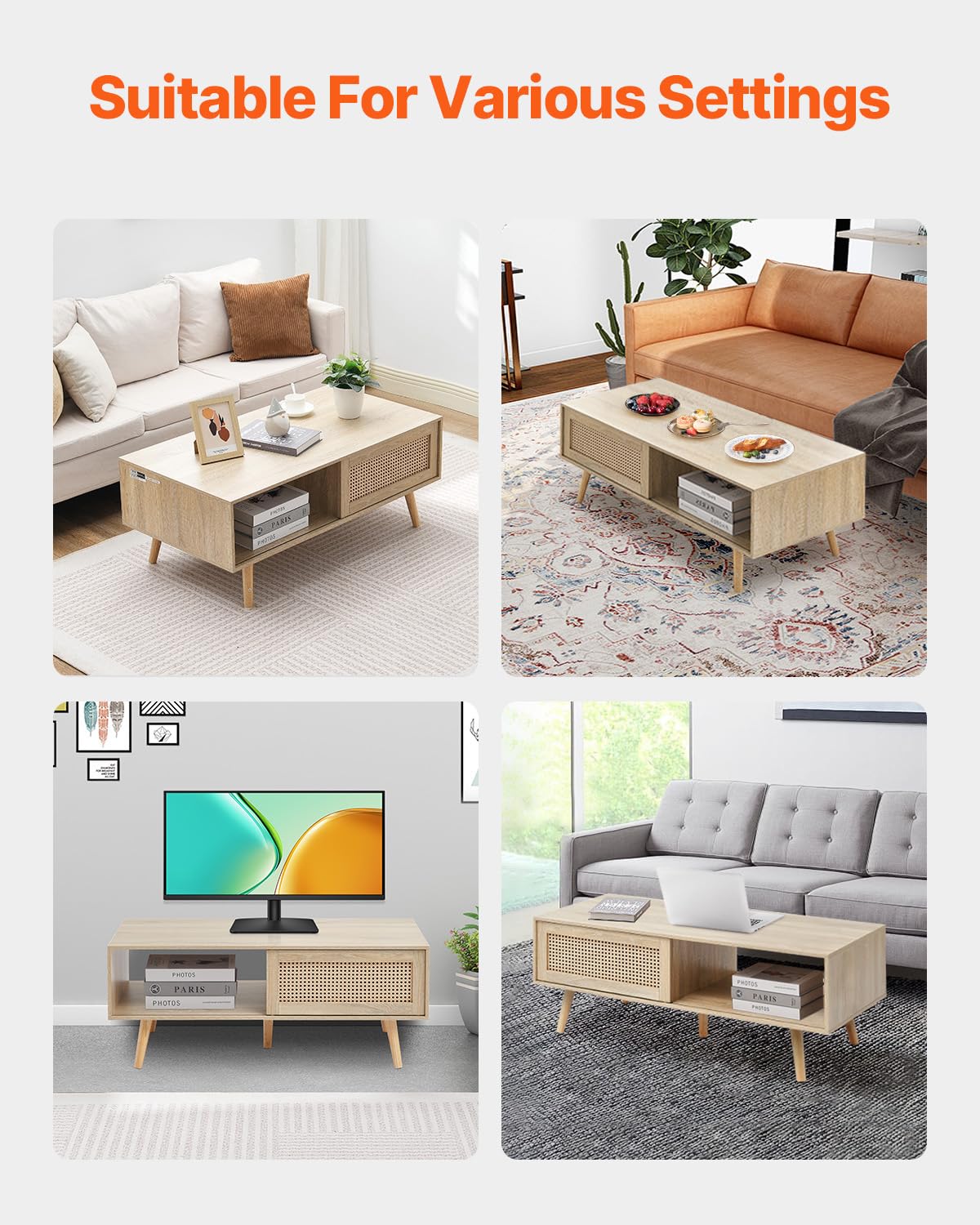 VEVOR Rattan Coffee Table, Mid Century Modern Coffee Table, Rectangle Wood Coffee Table, 42 Inch Modern Boho Style Two Layers Storage Coffee Table, for Living Room, Bedroom & Small Spaces VEVOR