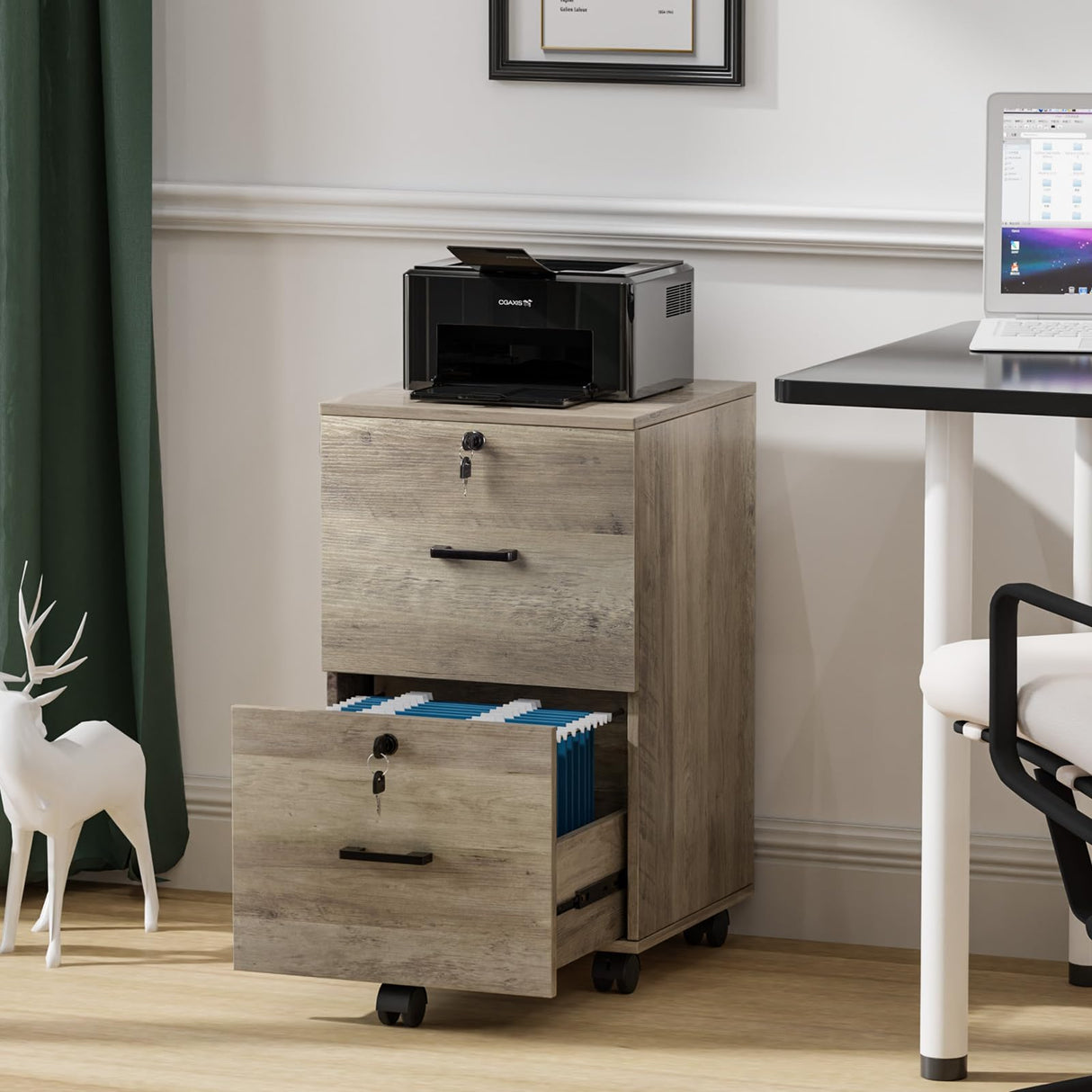 VINGLI 2 Drawer File Cabinet with Lock, Wood Rustic Gray File Cabinet for Letter Size File Folders with Tabs, Under Desk Rolling File Cabinets for Home Office, Mobile Filing Cabinet Printer Stand VINGLI