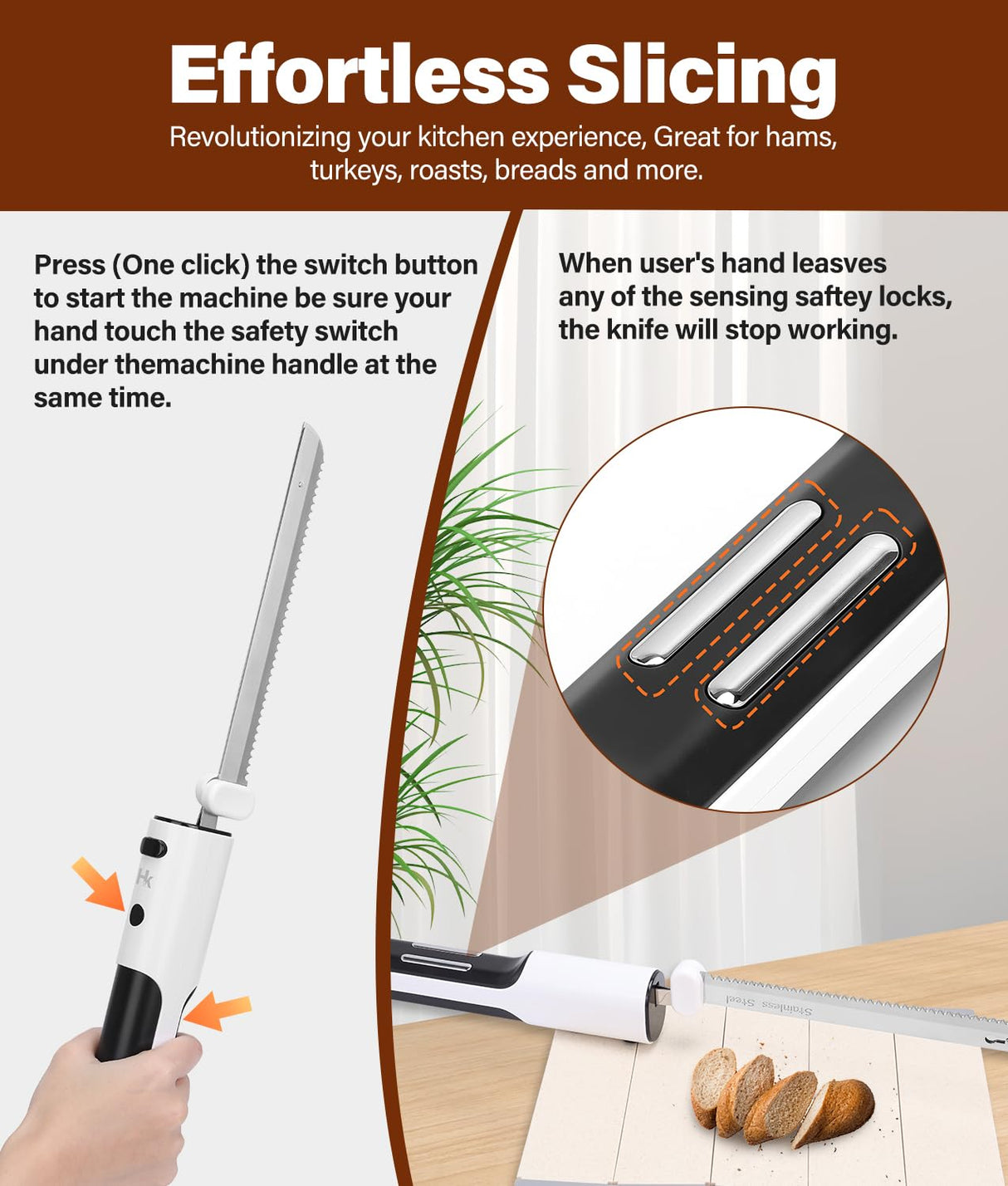 HK Cordless Electric Knife for Carving Meats, Poultry, Bread, Crafting Foam & More, Included Dual 304 Stainless Steel Blades, Fork, Foldable Cutting Board HK